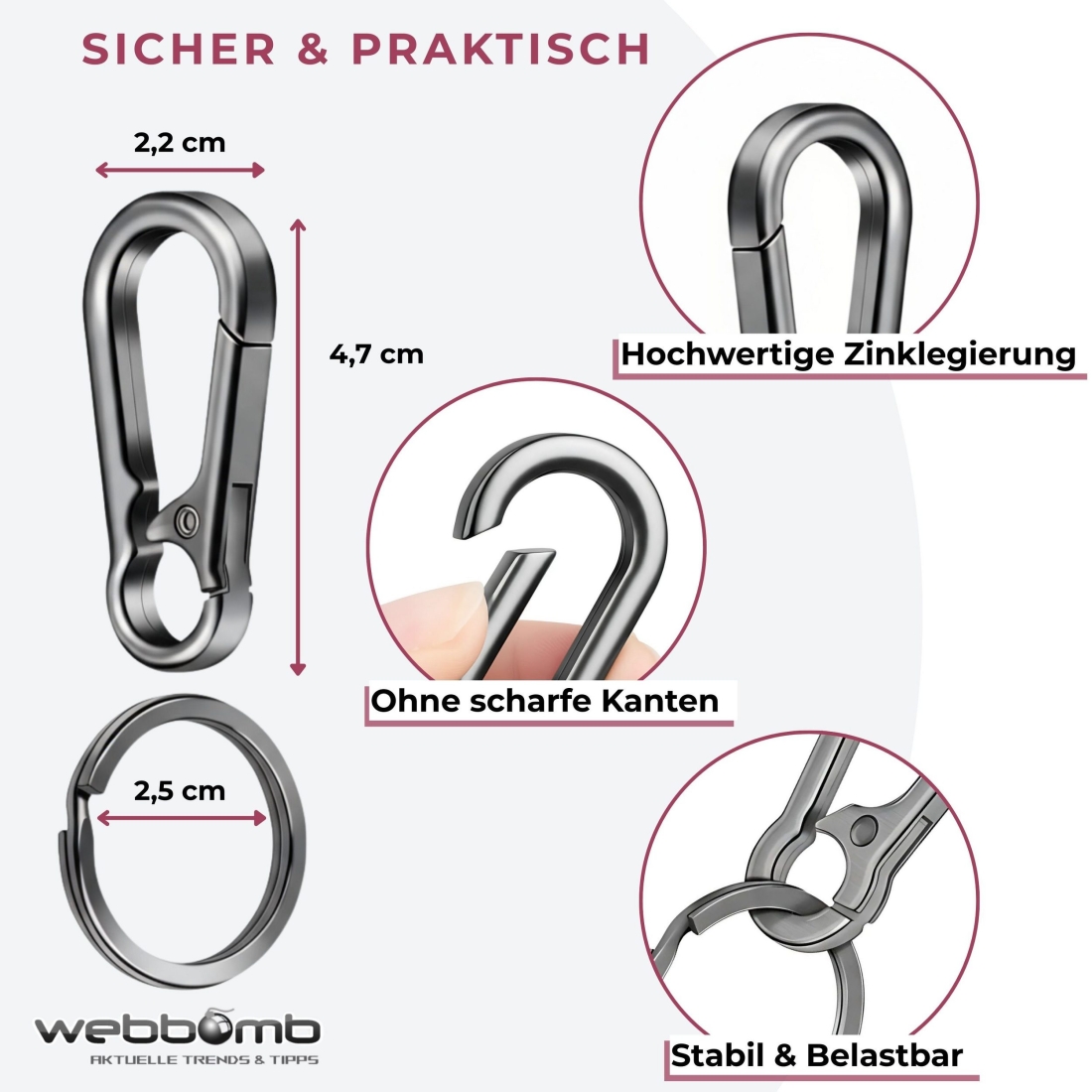 Metall-Schlüsselkarabiner mit Schlüsselring aus hochwertiger Zinklegierung, ohne scharfe Kanten, stabil und belastbar, Nahaufnahmen mit Maßen